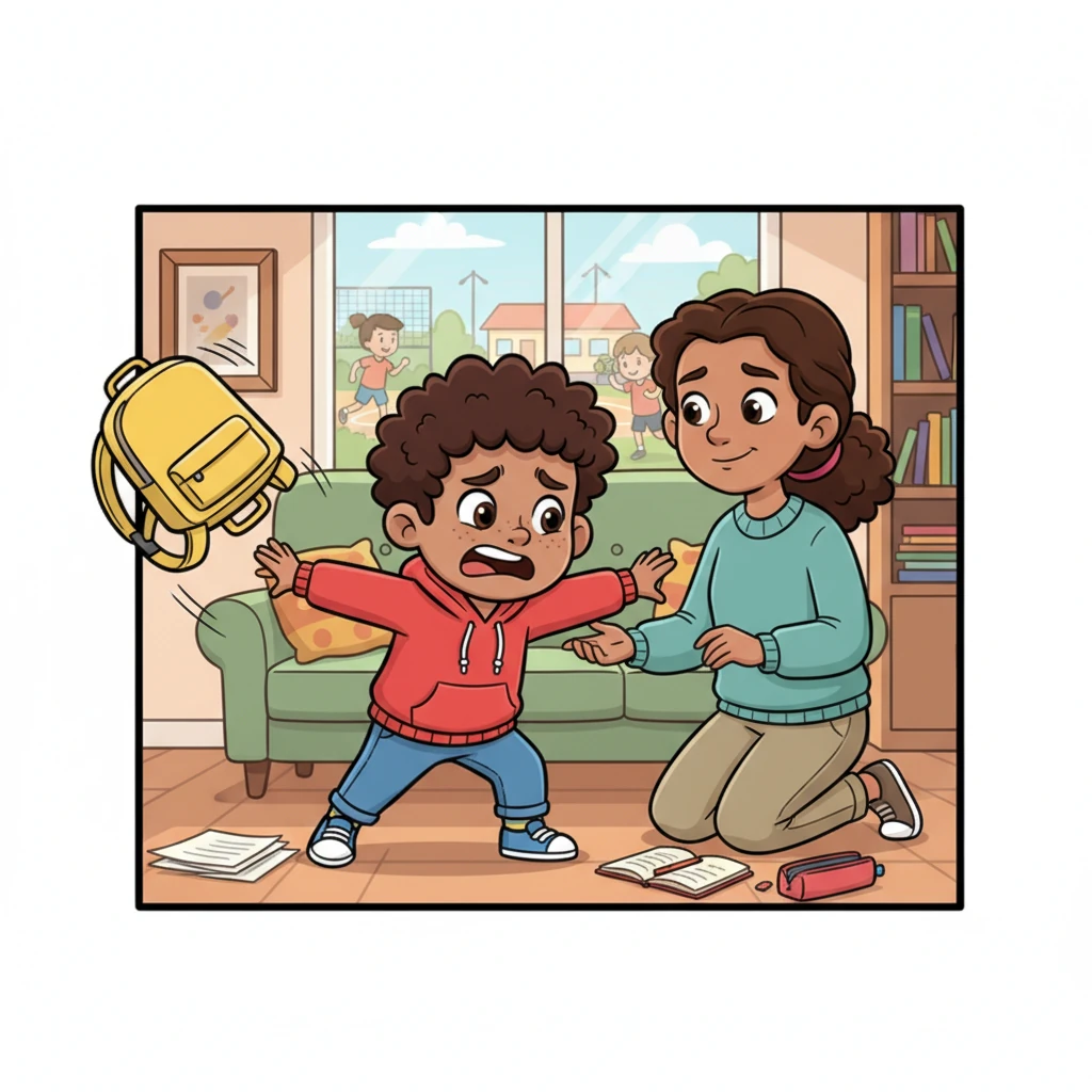 Throwing his backpack dramatically to the ground, Sami's voice boomed, 'It was awful! Terrible!' He explained a chaotic day at school, full of noisy classmates, forgotten notebooks, and a feeling of trying his hardest but still making mistakes. His mother listened patiently, her expression full of empathy.