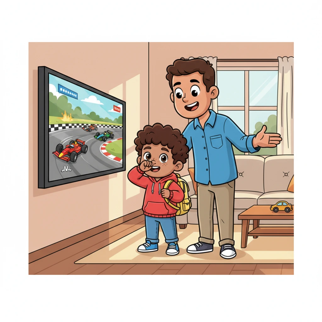 Wiping his face with his sleeve, Sami slowly padded into the living room. His eyes instantly locked onto the television screen, where sleek, colorful Formula One cars zipped around a vibrant track, their engines roaring. His father, beaming, announced the incredible news: they were going to a real Formula One race!