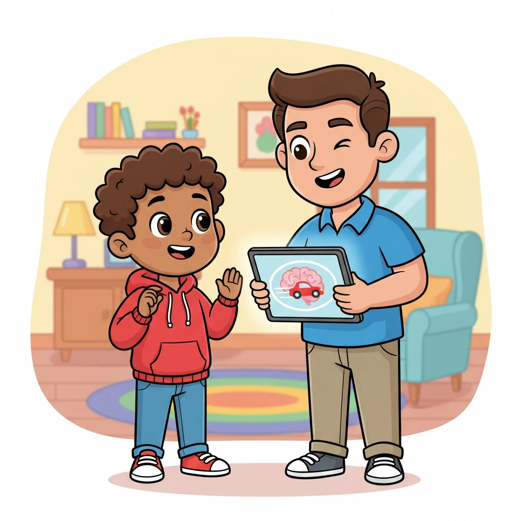 Sami's father, with a playful wink, pulled out his tablet and drew a simple oval track. 'Imagine that track is your head,' he explained, 'and your brain is a super-fast race car!' He described how Sami's brain was incredibly quick, zooming around, picking up ideas, and processing information at lightning speed.
