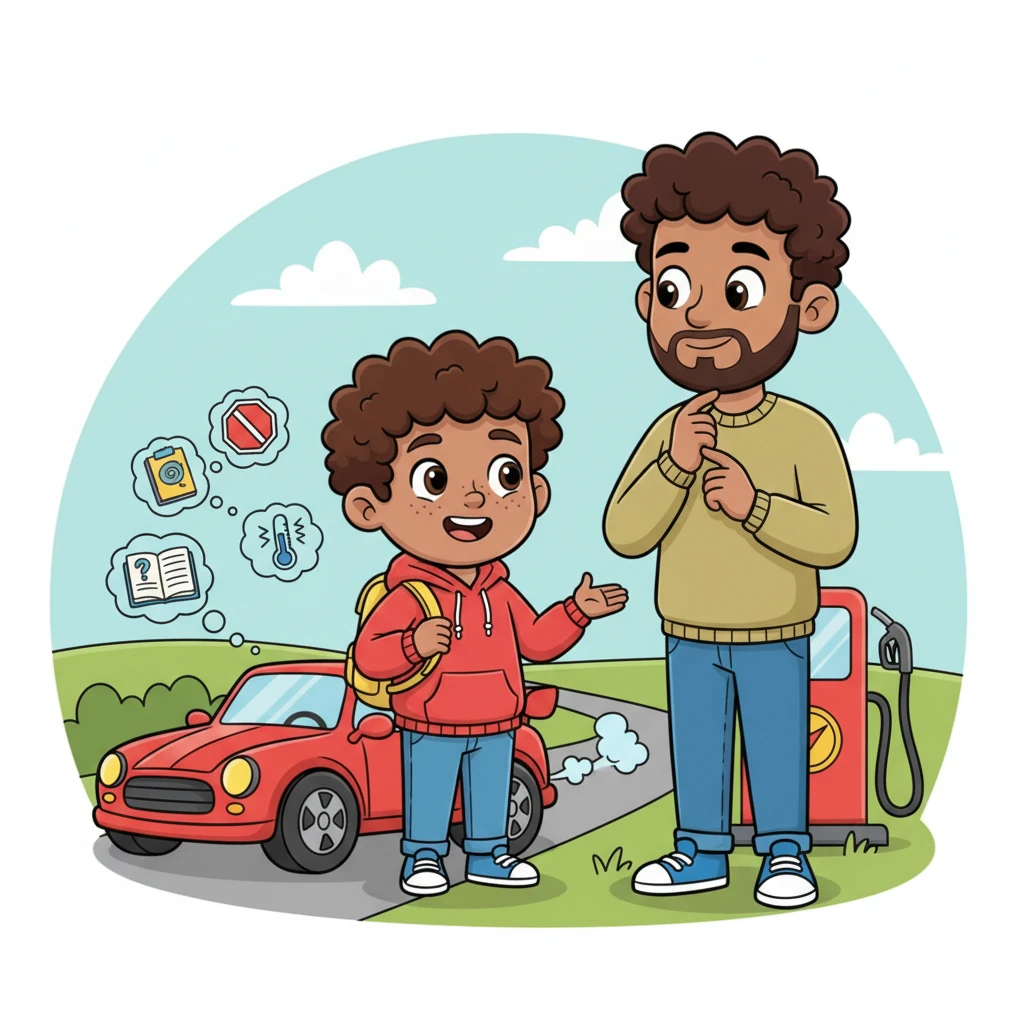 Sami's face lit up with understanding. 'But sometimes you forget to stop at the gas station, don't you?' he asked, connecting it to forgetting his notebook. His father nodded, explaining that a race car's love for speed can sometimes lead to missing stops, forgetting information, or even 'overheating' with frustration.