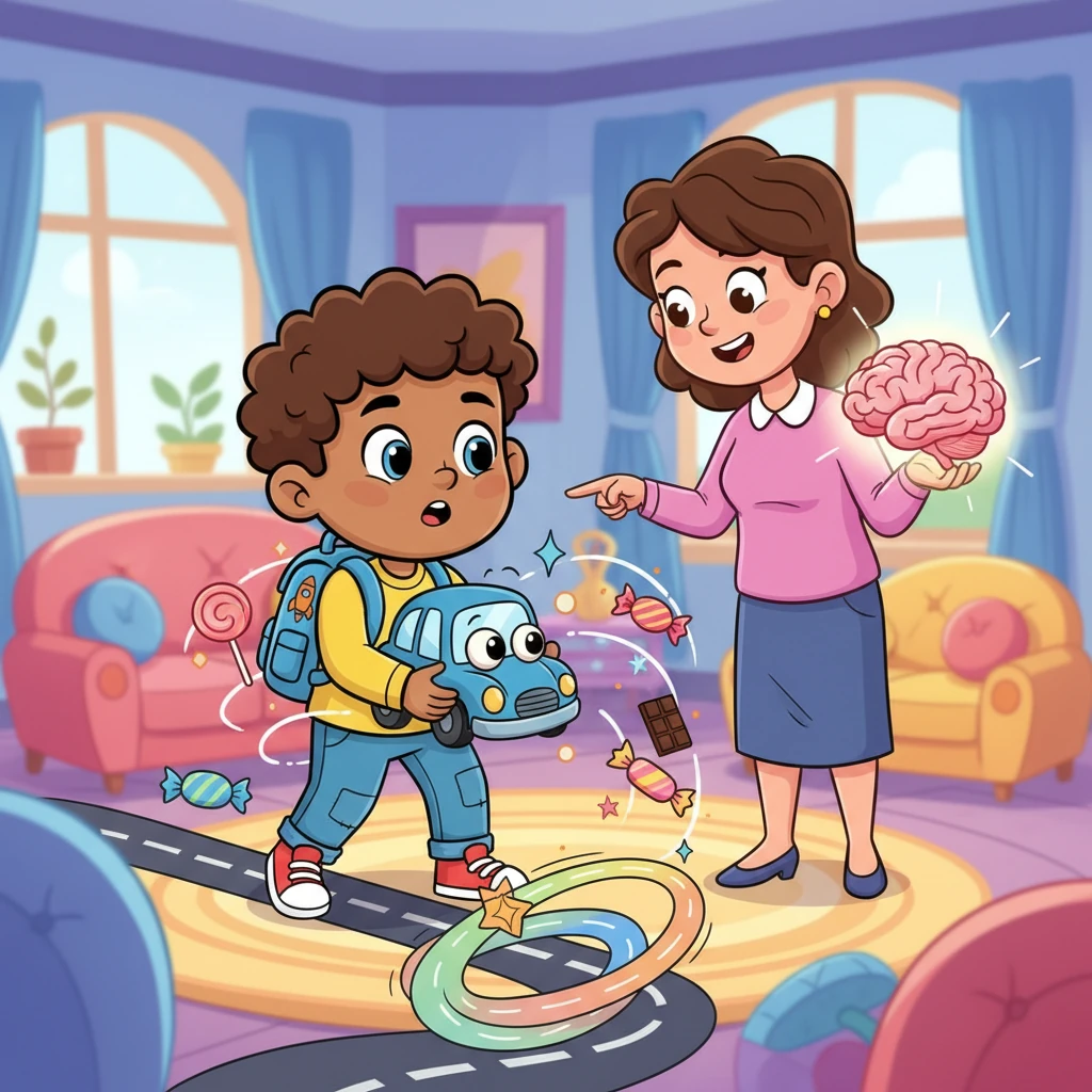 His mother gently added, 'And when you go too fast, your car can get distracted and lose its way.' She explained that certain 'fuels,' like too many sweets, could make the brain-car suddenly accelerate and then quickly tire out, making it hard to focus and causing frustration.