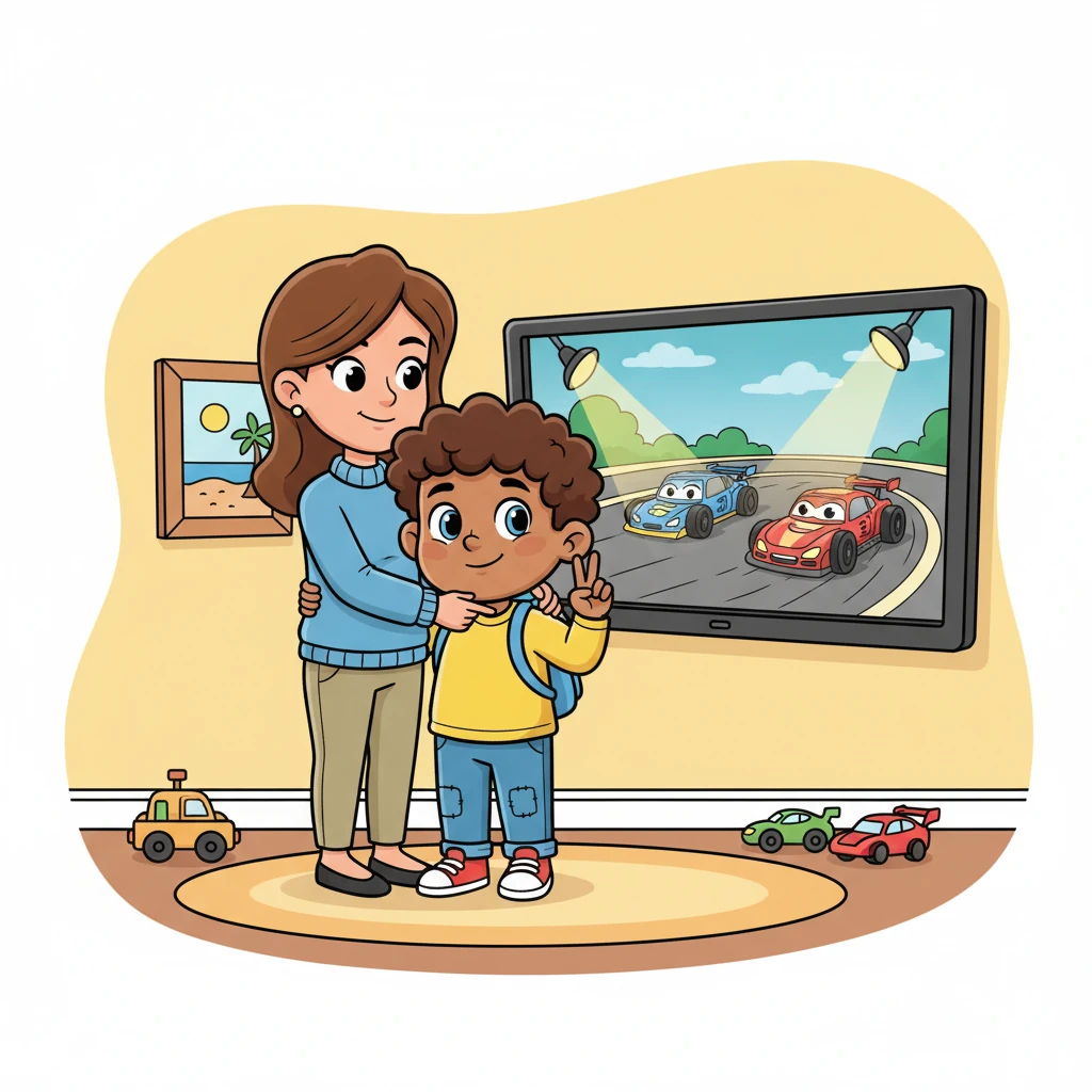 Sami took a deep, slow breath, 'One... Two... Three...' feeling his engine begin to slow. His mother hugged him, suggesting soothing sounds like rain or ocean waves could help. Looking at the race cars confidently circling on screen, Sami smiled, a new determination sparking within him: 'Tomorrow... I'm going to drive smarter!'
