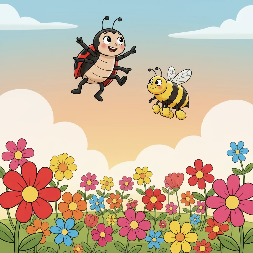 Volando un poquito, Lola vio a una abeja muy ocupada. La abeja zumbaba de flor en flor, recolectando néctar dulce para hacer miel. Sus patitas estaban llenas de polen amarillo, ¡parecía que llevaba pequeños calcetines!