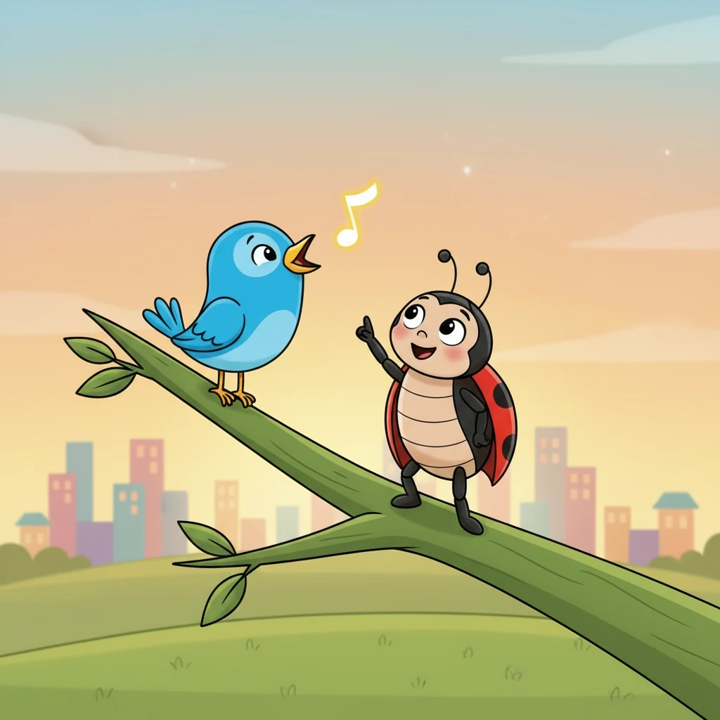 Luego, Lola escuchó un "Pío, pío" alegre desde una rama alta. Era un pajarito azul que cantaba una hermosa melodía. El pajarito movía su cabeza, saludando a Lola con su canto mañanero.