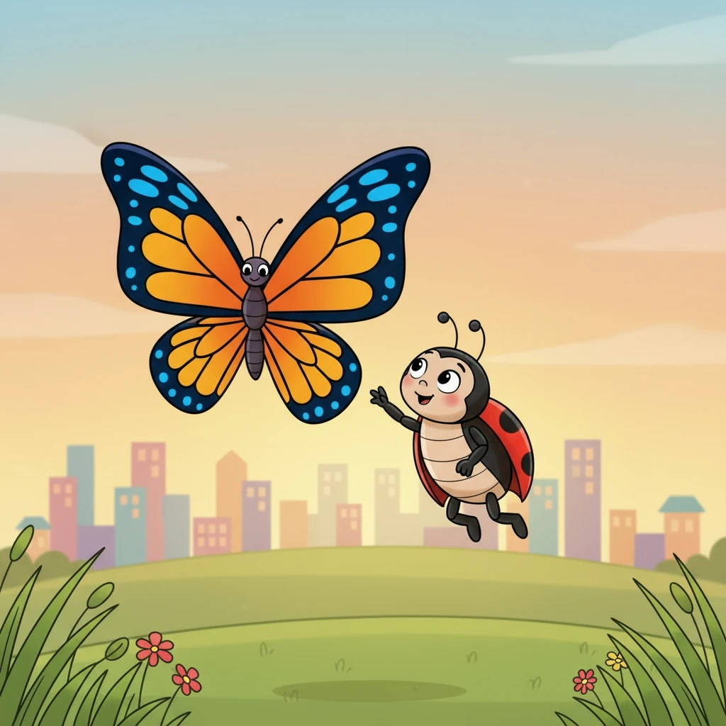 Lola siguió su camino y se encontró con una mariposa de alas grandes y colores increíbles. Las alas de la mariposa eran de color naranja, negro y azul, volando con gracia de un lado a otro. Parecía una flor que volaba por el aire.