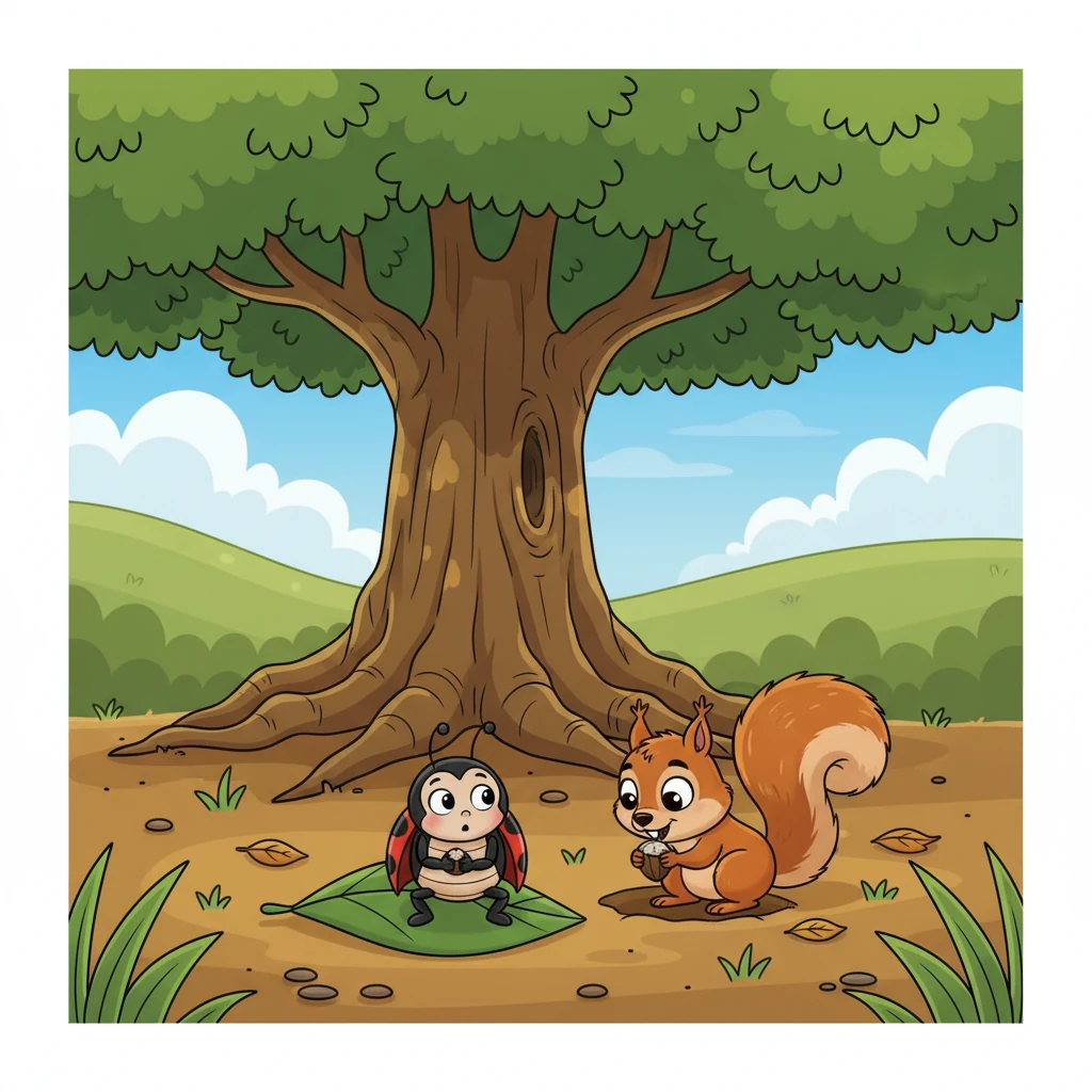 Más adelante, debajo de un gran árbol, Lola vio una ardilla muy traviesa. La ardilla enterraba una nuez en la tierra con sus patitas delanteras. ¡Estaba guardando comida para el invierno!