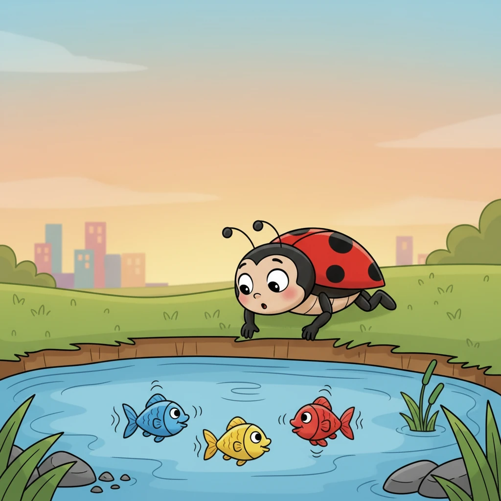 Al llegar a un pequeño estanque, Lola se asomó con cuidado. Vio peces de colores nadando tranquilamente bajo el agua. Abrían y cerraban sus boquitas, y sus colas se movían de un lado a otro.