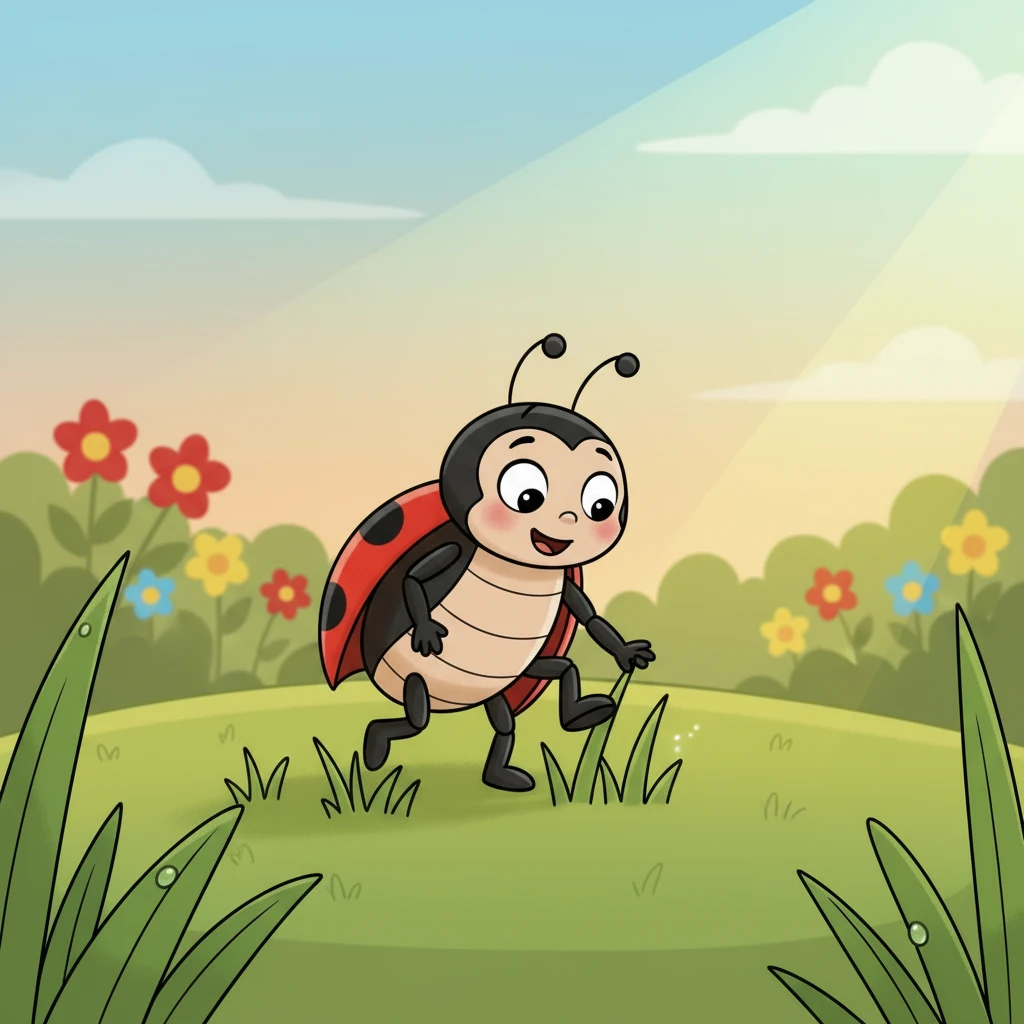 Lola aterrizó en un parche de césped suave y verde. Sintió las hojitas frescas y blanditas bajo sus patitas. El césped era como una alfombra gigante para todos los bichitos del jardín.