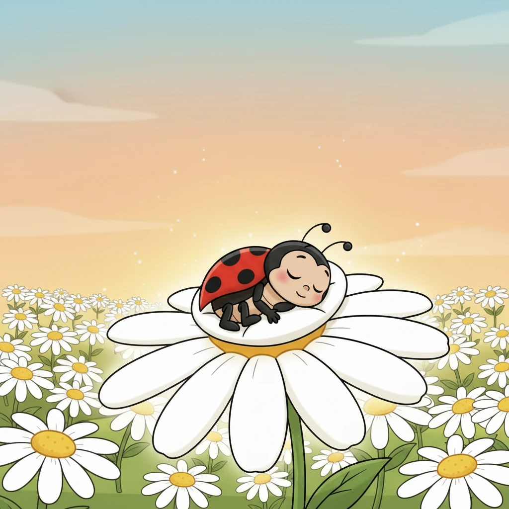 Cansada pero feliz, Mariquita Lola regresó a su margarita. Se acurrucó en el pétalo que era su hogar. Soñó con todas las maravillas que había visto, lista para un nuevo día de aventuras.