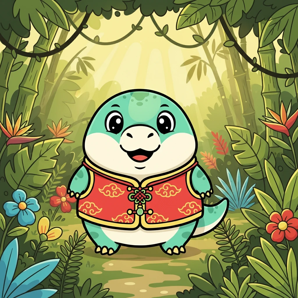 小龙是一只小霸王龙，毛茸茸的，看起来一点也不吓人。他生活在一片茂密的丛林里，对周围的一切都充满好奇。清晨的阳光透过树叶洒在他身上，他开始了新的一天。