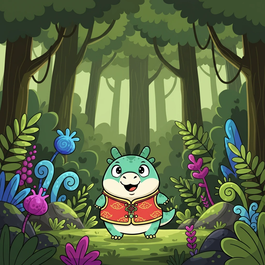 小龙迈着小小的步伐，穿梭在丛林中。高大的树木遮天蔽日，各种奇特的植物让他目不暇接。他兴奋地探头探脑，想要发现更多有趣的东西。