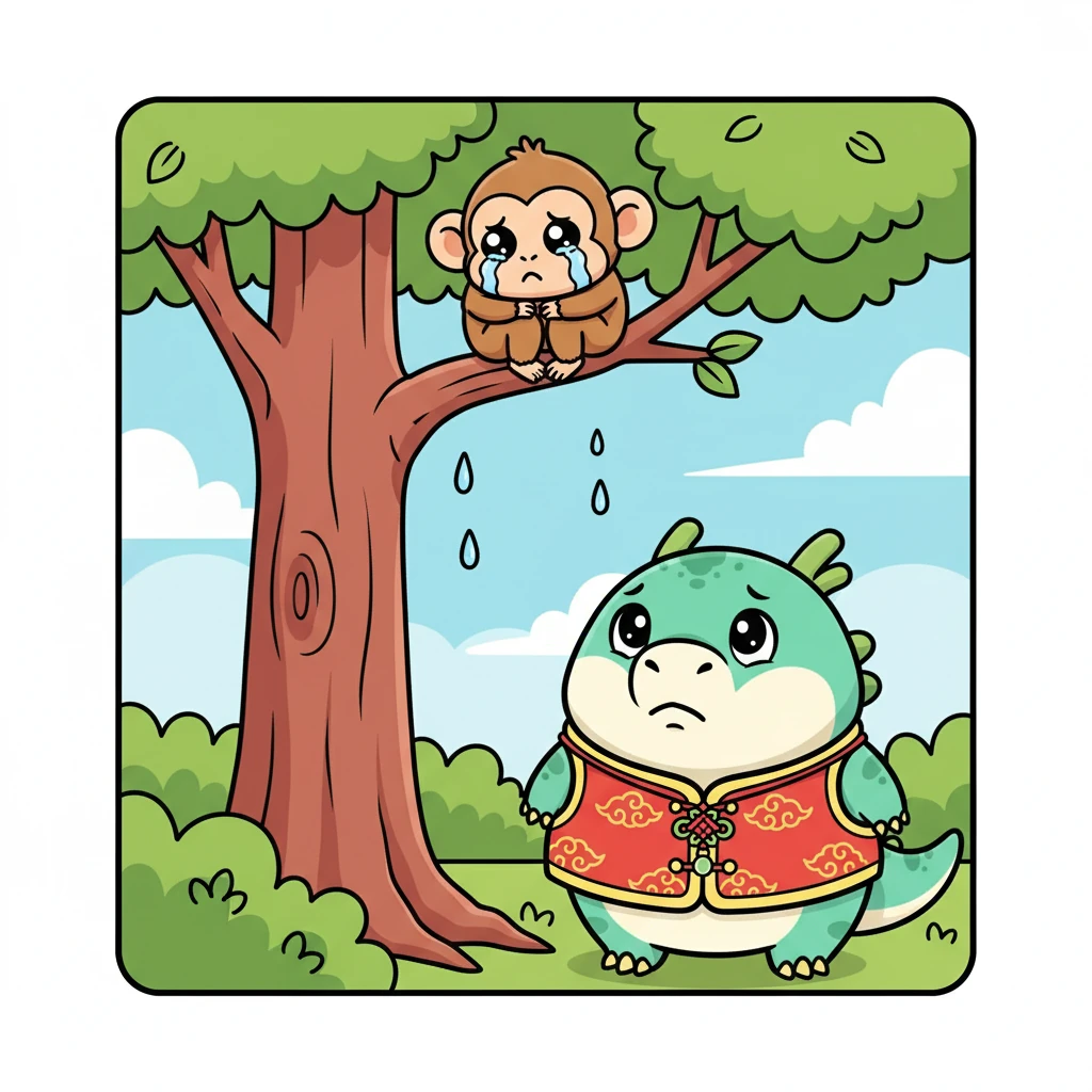 突然，小龙听到了一阵哭声。他循着声音走去，发现一只小猴子被困在树上。小猴子害怕地缩成一团，眼泪止不住地流下来。