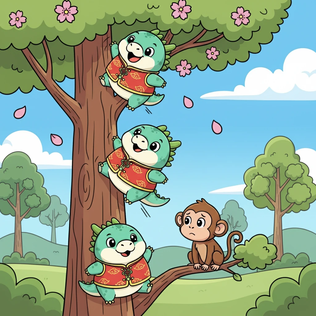 小龙决定帮助小猴子。他尝试着爬上树，但是因为爪子太小，总是滑下来。但他没有放弃，一次又一次地尝试，直到终于爬到了小猴子身边。