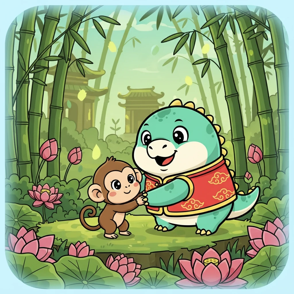 小龙轻轻地把小猴子抱下来，放在安全的地面上。小猴子停止了哭泣，感激地看着小龙。他们成为了朋友，一起在丛林里玩耍。