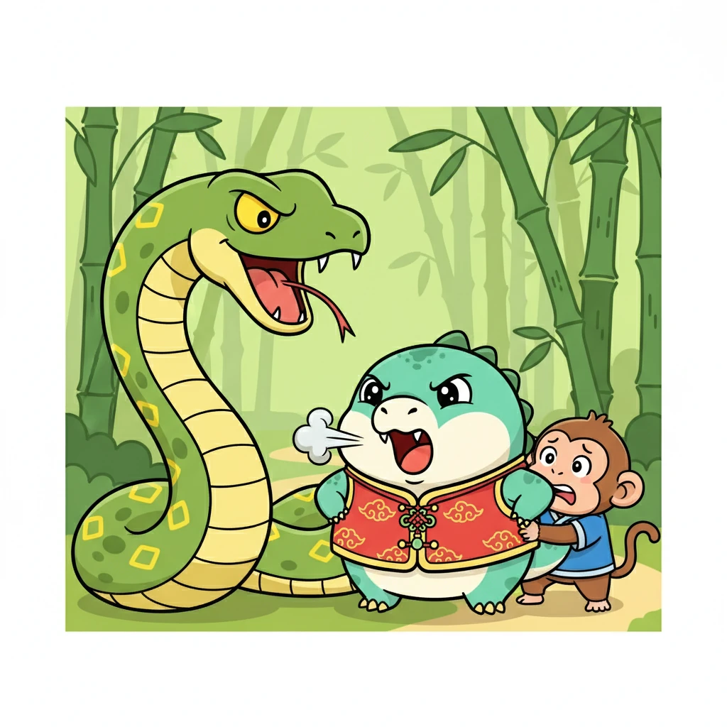 他们一起遇到了贪吃蛇，贪吃蛇想要吃掉小龙和小猴子。小龙鼓起勇气，用稚嫩的声音吓退了贪吃蛇，保护了小猴子。