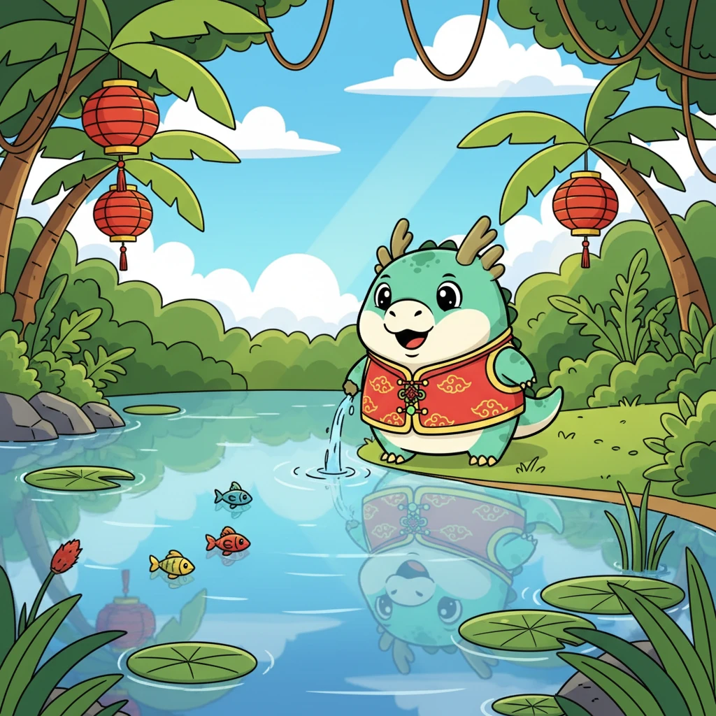 他们继续探索丛林，发现了一片美丽的湖泊。湖水清澈见底，倒映着蓝天白云。他们一起在湖边玩耍，享受着快乐的时光。