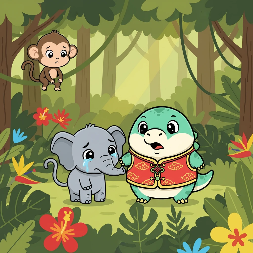 在丛林的深处，他们遇到了一个迷路的小象。小象找不到自己的妈妈，非常害怕。小龙和小猴子决定帮助小象找到妈妈。