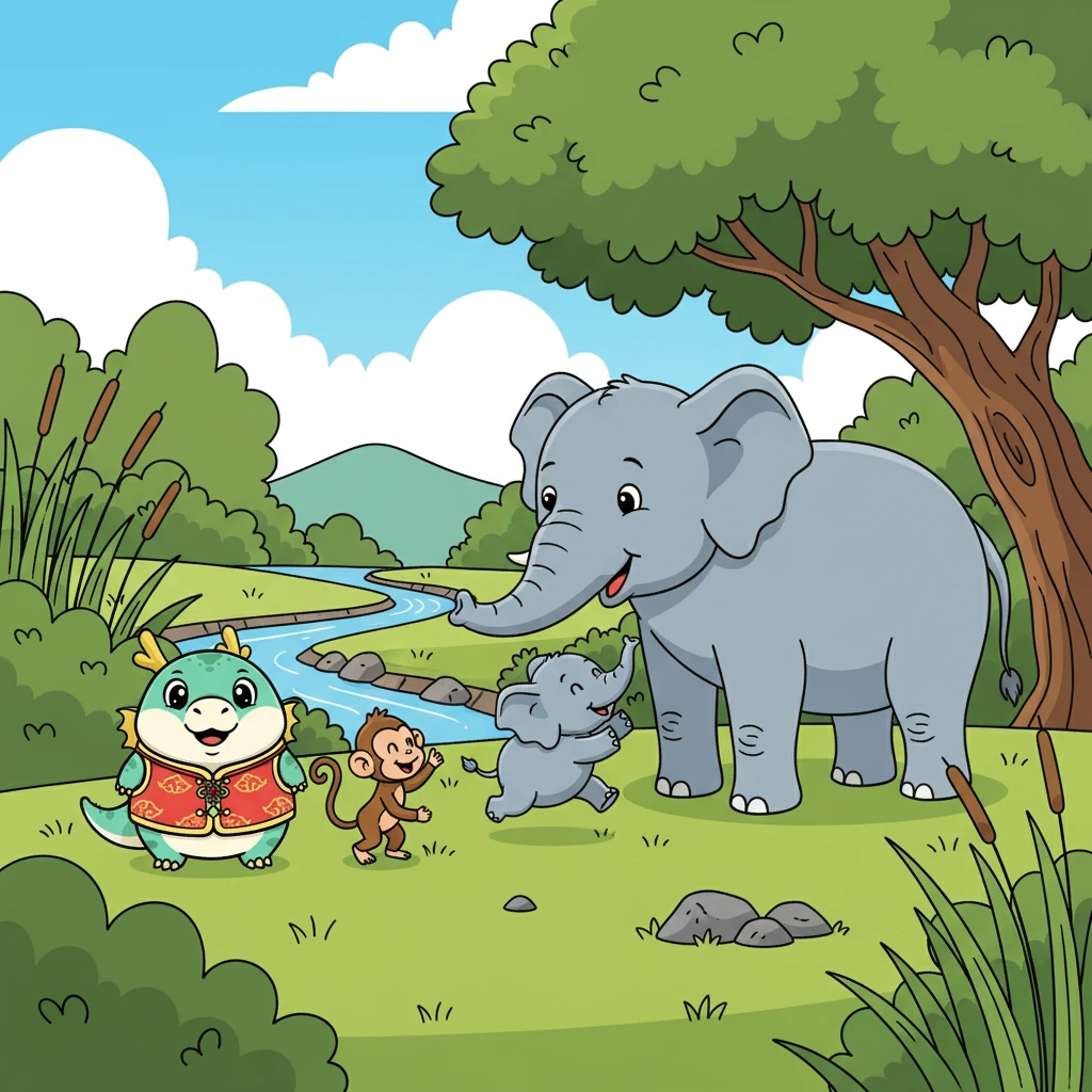 他们一起穿过茂密的灌木丛，跨过小溪，终于找到了小象的妈妈。小象开心地扑向妈妈的怀抱，向小龙和小猴子道谢。