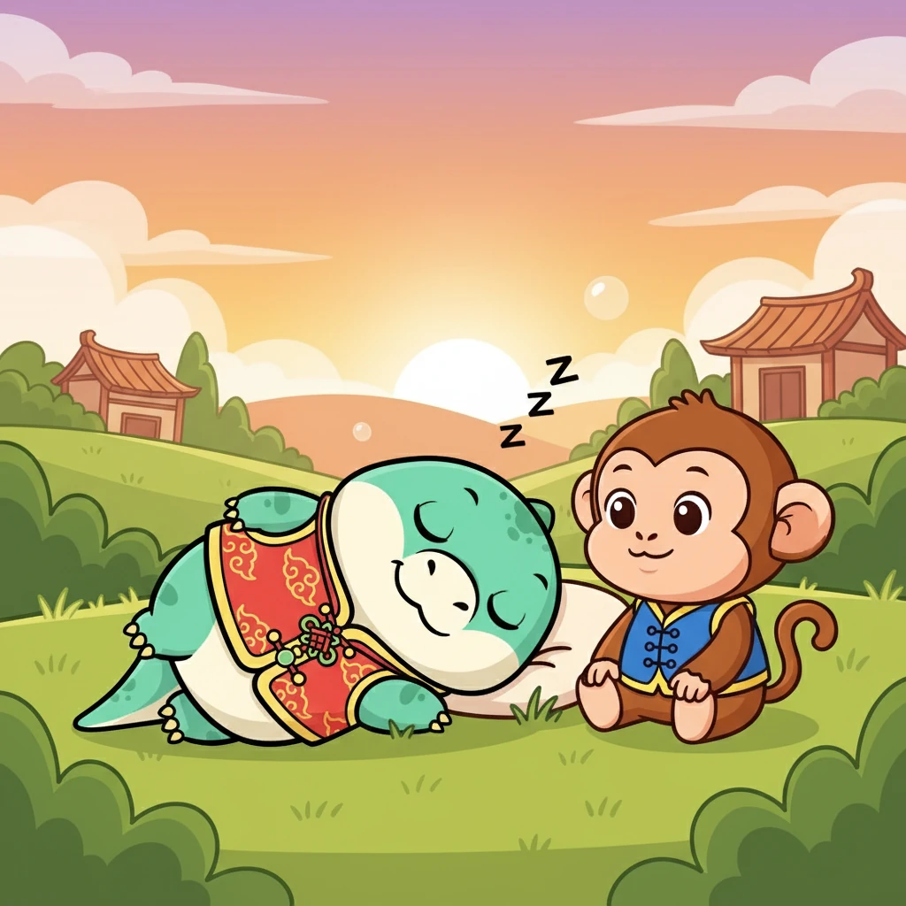 夕阳西下，小龙和小猴子一起回到了自己的家。他们经历了冒险，结交了朋友，也明白了勇气的真正含义。小龙躺在柔软的草地上，回味着今天的一切，甜甜地进入了梦乡。