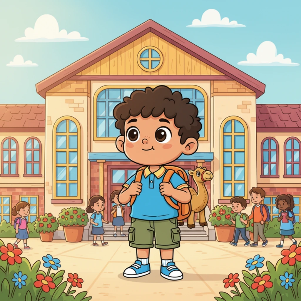 Muse, a small boy with bright, curious eyes, stands a little shyly at the entrance of a bustling new school. His backpack, adorned with a playful camel charm, seems almost as big as he is. Sunlight streams down, highlighting the vibrant colors of the school building and the cheerful flowers in bloom. He takes a deep breath, a tiny smile starting to form on his lips.