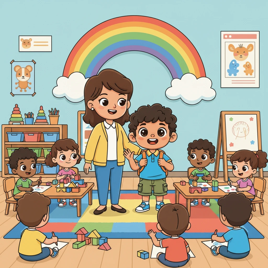 Inside the lively classroom, children are busy with colorful blocks and drawing. The friendly teacher, Ms. Anya, stands beside Muse, gently introducing him to the class. Muse waves a little hand, his cheeks slightly rosy, as curious eyes peek up from various activities. A big, welcoming rainbow poster hangs on the wall behind them.