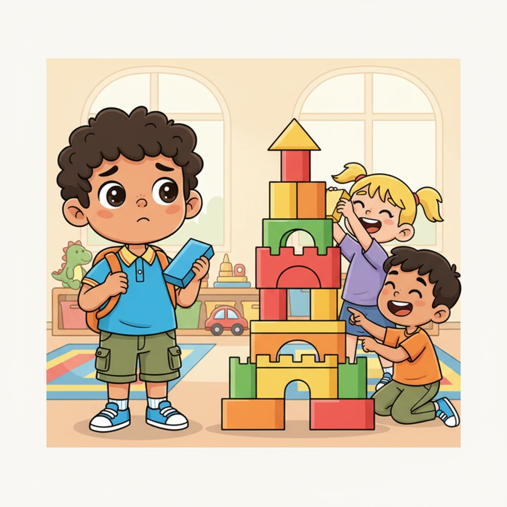 During playtime, Muse tries to join a group building a towering block castle, but he feels a bit lost in the flurry of activity. He holds a single blue block, looking wistfully at the others. A couple of children are laughing loudly, engrossed in their game, not quite noticing his quiet presence.