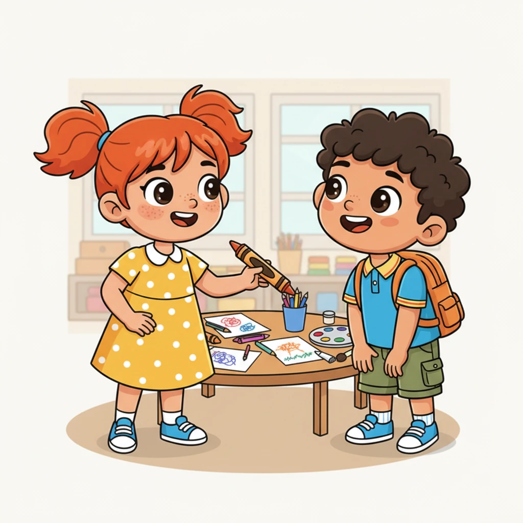 A kind girl named Lily, with bright red pigtails, notices Muse standing alone. She approaches him with a warm smile, holding out a colorful crayon. "Want to draw with us?" she asks, pointing to a table covered with paper and art supplies. Muse's face brightens instantly.