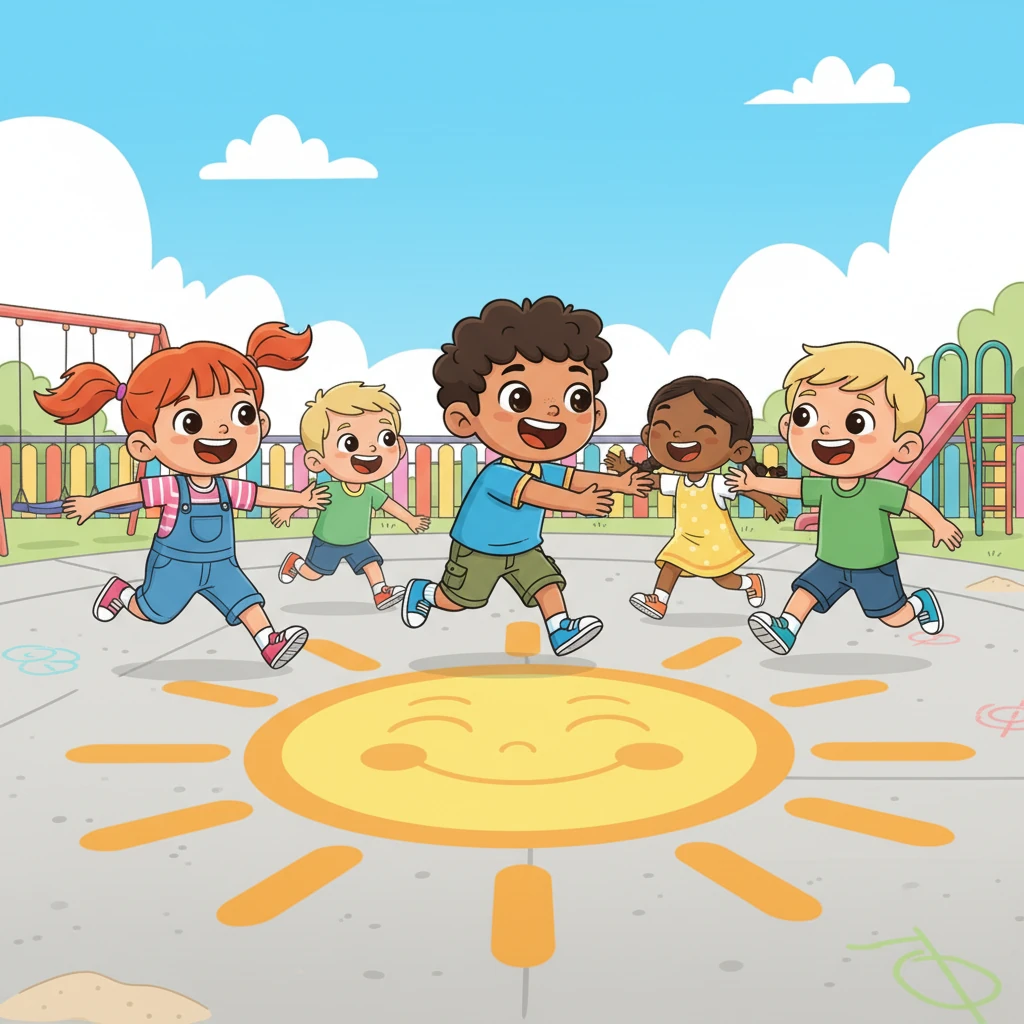 Soon, Muse, Lily, and their new friends are all laughing and playing a lively game of tag in the schoolyard. Muse is swift and agile, his joyful shouts echoing with the others. They chase each other around a giant, smiling sun painted on the pavement, their movements full of energy and fun.