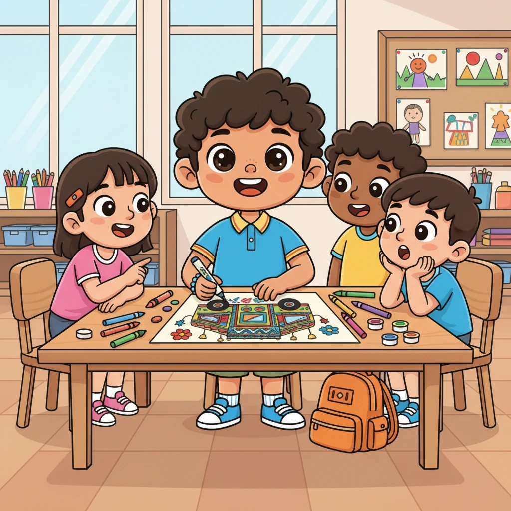 During art class, Muse draws a magnificent, colorful truck, explaining it's a "Jingle Truck" from Pakistan, adorned with bells and intricate art. The other children gather around, marveling at the vibrant details and unique design. He shares stories of seeing them on the roads back home, sparking their imaginations.