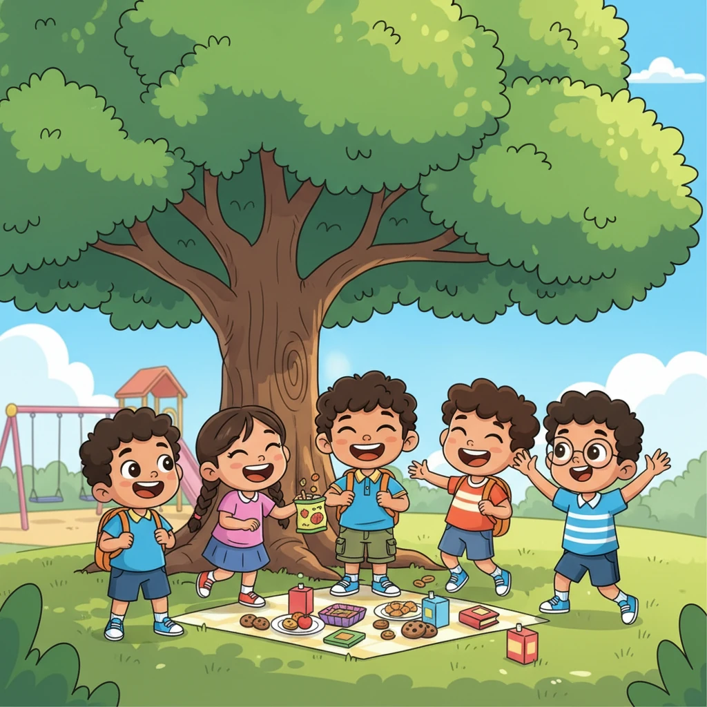 At recess, Muse is no longer alone; he's surrounded by a bustling group of friends. They are all sharing snacks and telling jokes under a big, shady tree. Muse beams, feeling completely at home, a central part of the happy chatter and laughter.
