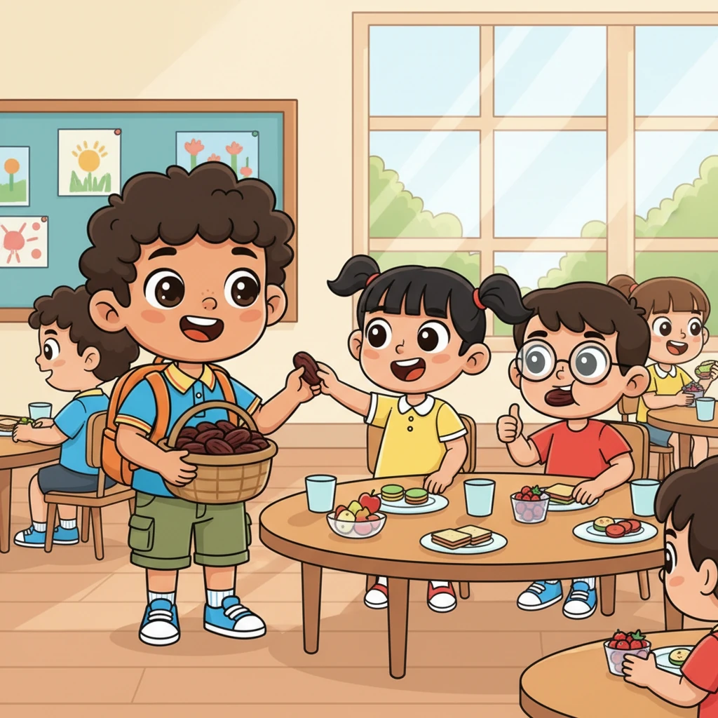 The class decides to have a "Share Your Snack" day, and Muse brings delicious Pakistani dates, offering them to everyone. His classmates eagerly try the sweet treats, their eyes wide with delight. They discover new flavors and share their own favorite snacks, creating a joyful feast of friendship.