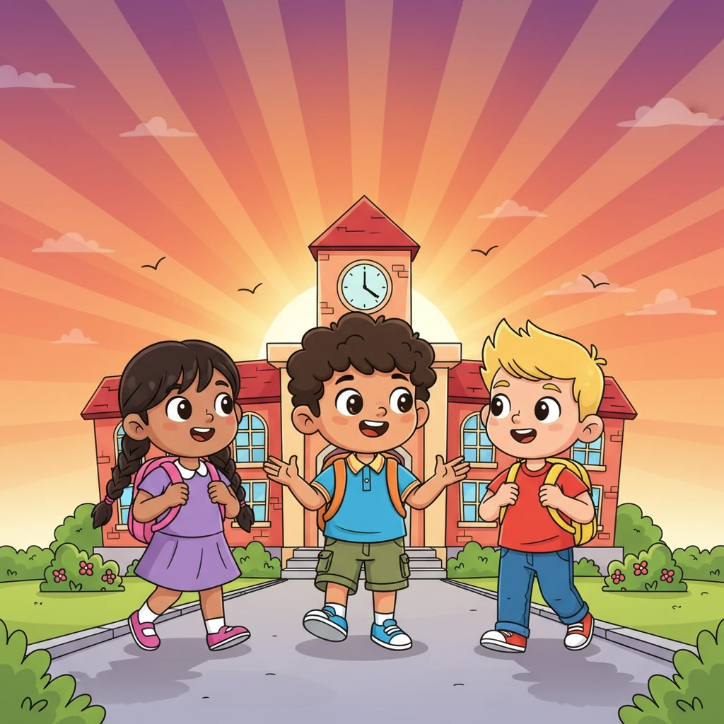 As the school day ends, Muse walks out with Lily and another friend, chatting animatedly. He feels a wonderful warmth in his heart, knowing he has found his place and made amazing new friends. The sun sets in a brilliant burst of orange and pink, promising more exciting days ahead for Muse in his new home.