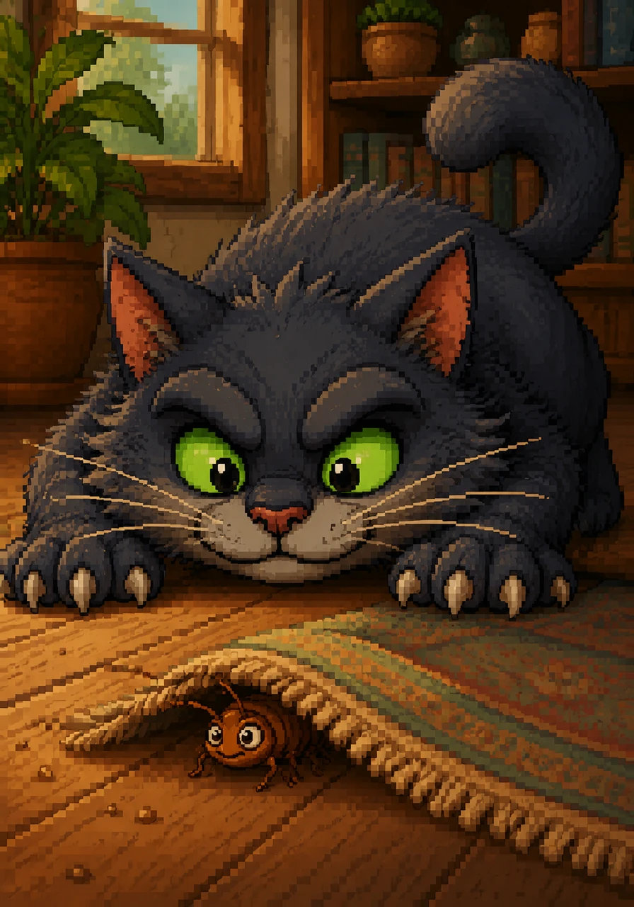 It was Barnaby the cat, with whiskers so wide, looking for something that’s trying to hide. He let out a purr that rumbled like thunder, watching the bug with mischievous wonder.