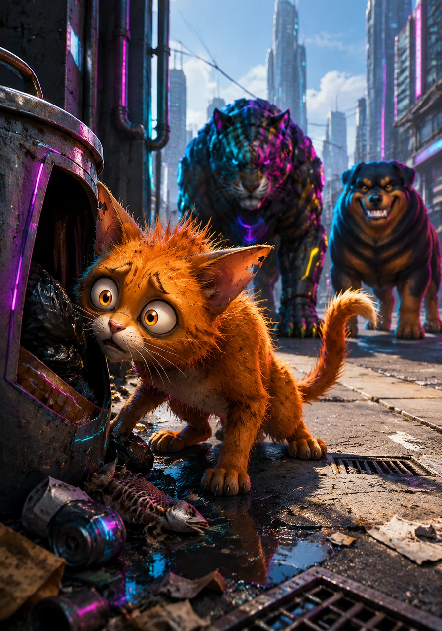Whiskers, a scruffy ginger cat with tattered ears, sniffs around a metal trash can on a bright, sunny afternoon. His stomach rumbles as he searches for a midday snack along the quiet roadside.