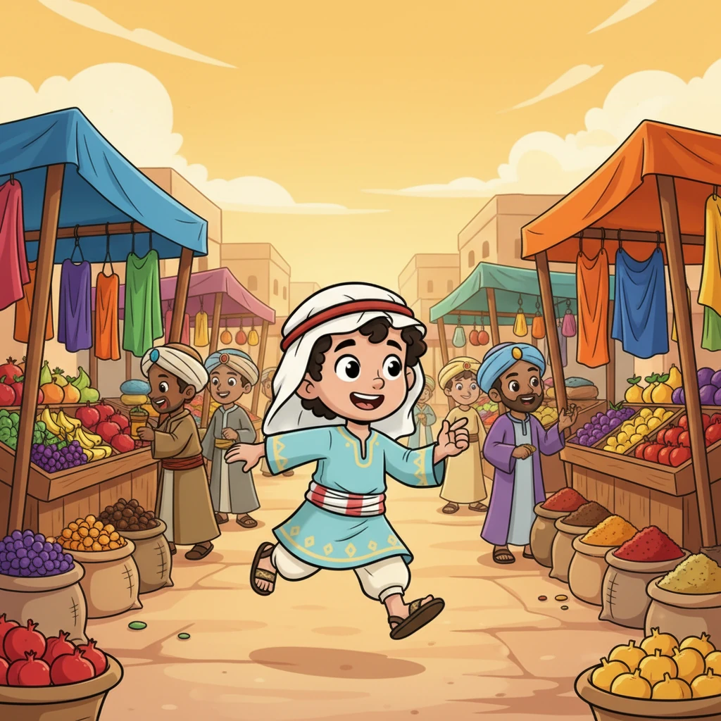 Hamza, a small boy with big, curious eyes, skips through the vibrant, bustling marketplace of ancient Arabia. Brightly colored stalls overflow with exotic fruits, shimmering fabrics, and fragrant spices, filling the air with a joyful cacophony. He wears a simple tunic and sandals, his movements light and full of youthful energy amidst the cheerful crowd. The sun casts a warm, golden glow over the scene.