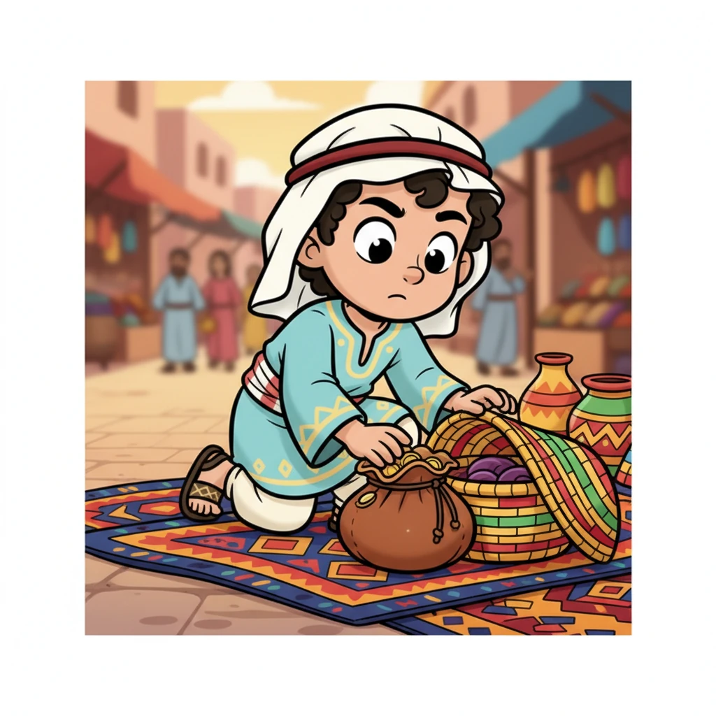 Suddenly, something shiny catches Hamza’s eye near a merchant's rug display. He stops, his brow furrowed in curiosity, and kneels down. There, half-hidden beneath a vibrant woven basket, lies a plump, leather coin purse, its drawstrings slightly loose. His heart gives a little thump as he carefully reaches for it.