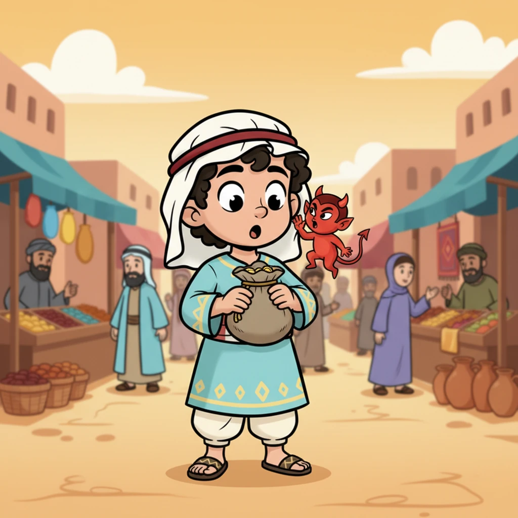 Hamza holds the heavy purse in his hands, his eyes wide with a mix of wonder and surprise. He can feel the clink of coins inside, imagining all the sweet dates, shiny toys, or new sandals he could buy. A mischievous grin briefly plays on his lips, a tiny devil on his shoulder whispering tempting thoughts. The marketplace continues to buzz around him, unnoticed for a moment.