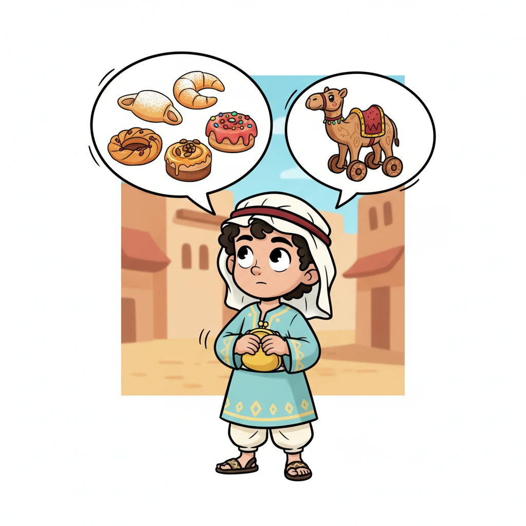 His imagination takes flight, showing him vivid cartoon bubbles of delicious pastries and a brand-new wooden camel toy. Hamza's face lights up with a wistful expression, his tummy rumbling slightly at the thought of all the treats. He squeezes the purse tighter, a little pang of excitement mixed with guilt starting to form in his chest.