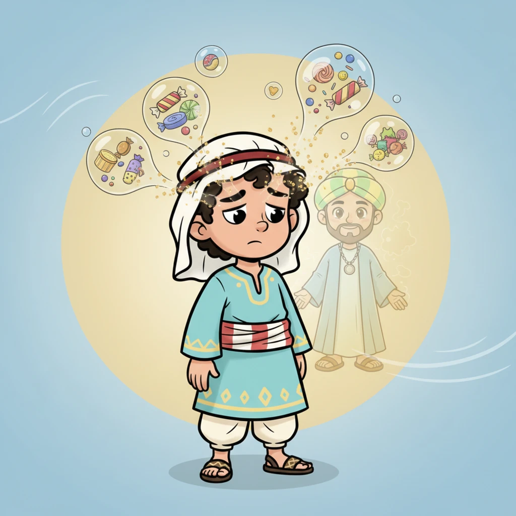 A kind, wise face briefly appears in his mind's eye – the gentle image of Prophet Muhammad ﷺ, teaching about honesty and trust. Hamza remembers the stories his mother told him about 'Amanah,' the sacred trust. His imaginative bubbles of treats pop, replaced by a soft, warm glow of remembrance. A small voice in his heart reminds him, 'Honesty is part of faith.'