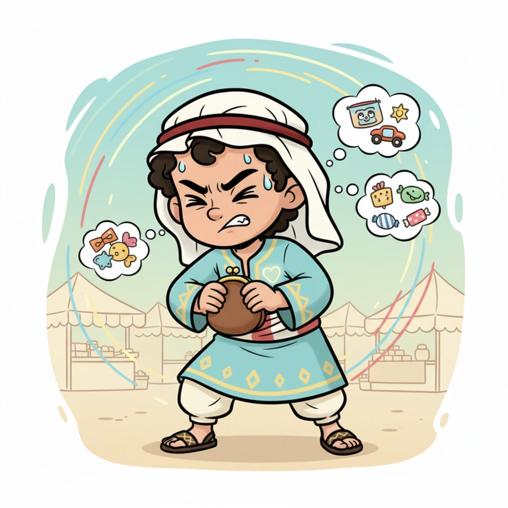 Hamza’s face twists in a comical, exaggerated struggle, his eyebrows furrowed deeply and his mouth a determined line. He clenches the coin purse, his small body tensing as he battles the tempting thoughts. Sweat beads playfully on his brow as he weighs the joy of having new things against the quiet strength of doing what is right. The colors around him seem to swirl, reflecting his internal conflict.
