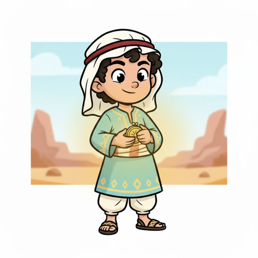 With a resolute nod, Hamza’s expressive face clears, replaced by a look of unwavering determination. He takes a deep breath, his chest puffing out slightly. His grip on the purse loosens, but not to keep it; instead, he holds it carefully, ready to return it. A soft, inner glow surrounds him, symbolizing his clear decision.