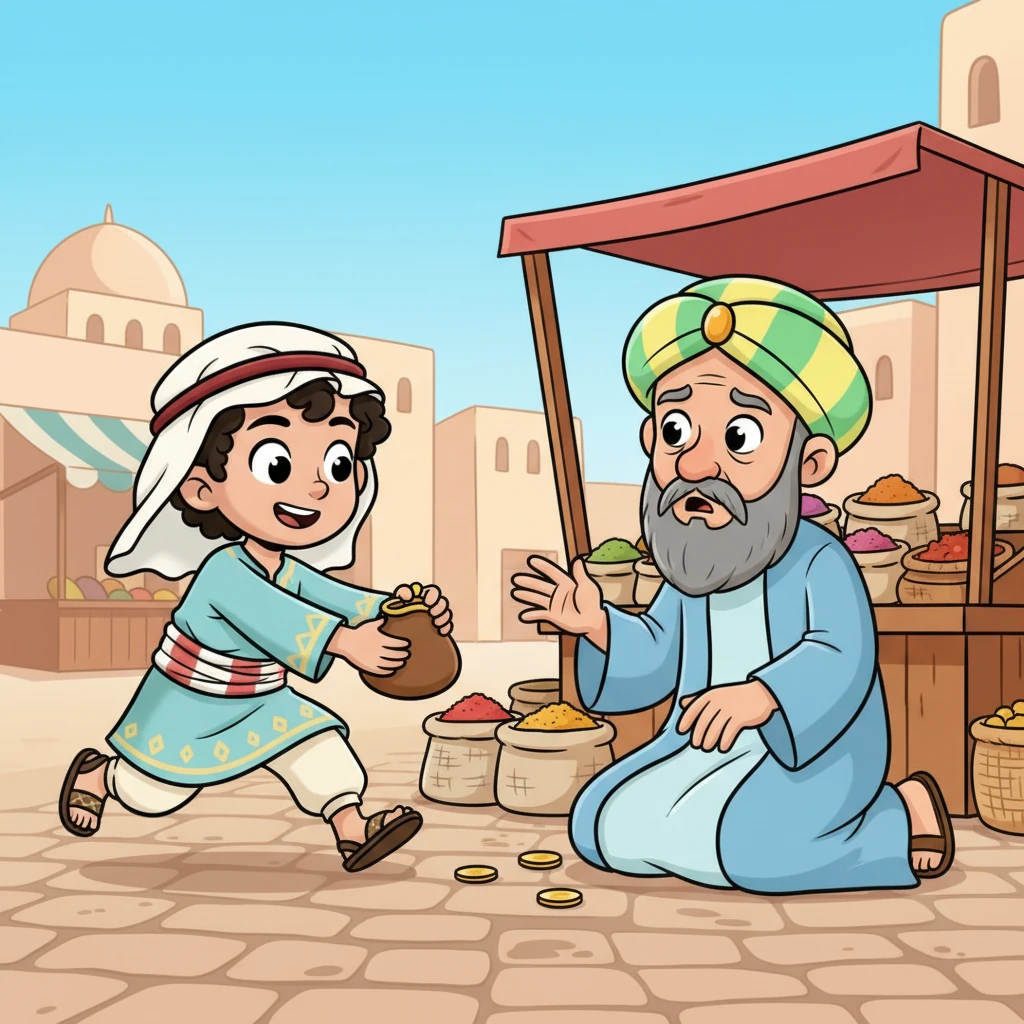 Hamza spots an elderly merchant, his face etched with worry, frantically searching the ground near his stall. With a burst of courage, Hamza rushes forward, holding out the coin purse with both hands. 'Excuse me, sir! I think this belongs to you!' he declares, his voice clear and earnest. The merchant looks up, his eyes widening in disbelief.