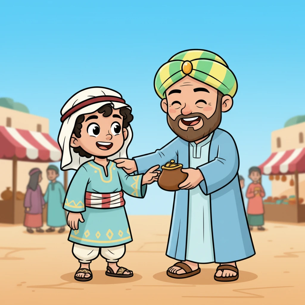 The elderly merchant’s face transforms from despair to immense relief and joy, his eyes crinkling into a heartfelt smile. He gratefully takes the purse, placing a gentle hand on Hamza’s shoulder. 'Thank you, my son! Allah bless you! Allah loves those who are truthful,' he exclaims, his voice thick with emotion. Hamza beams, feeling a warmth spread through his chest that is far sweeter than any treat.