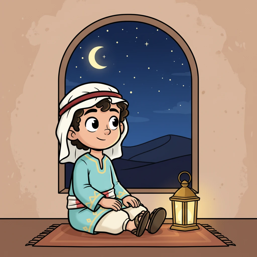 Later that evening, Hamza sits by his window, looking out at the serene, star-dusted desert night sky. A small, glowing lantern sits beside him, casting a gentle light, symbolizing the truth he upheld. A peaceful, knowing smile plays on his lips, his heart full of the quiet joy of doing the right thing. The light of honesty shines brightly within him.