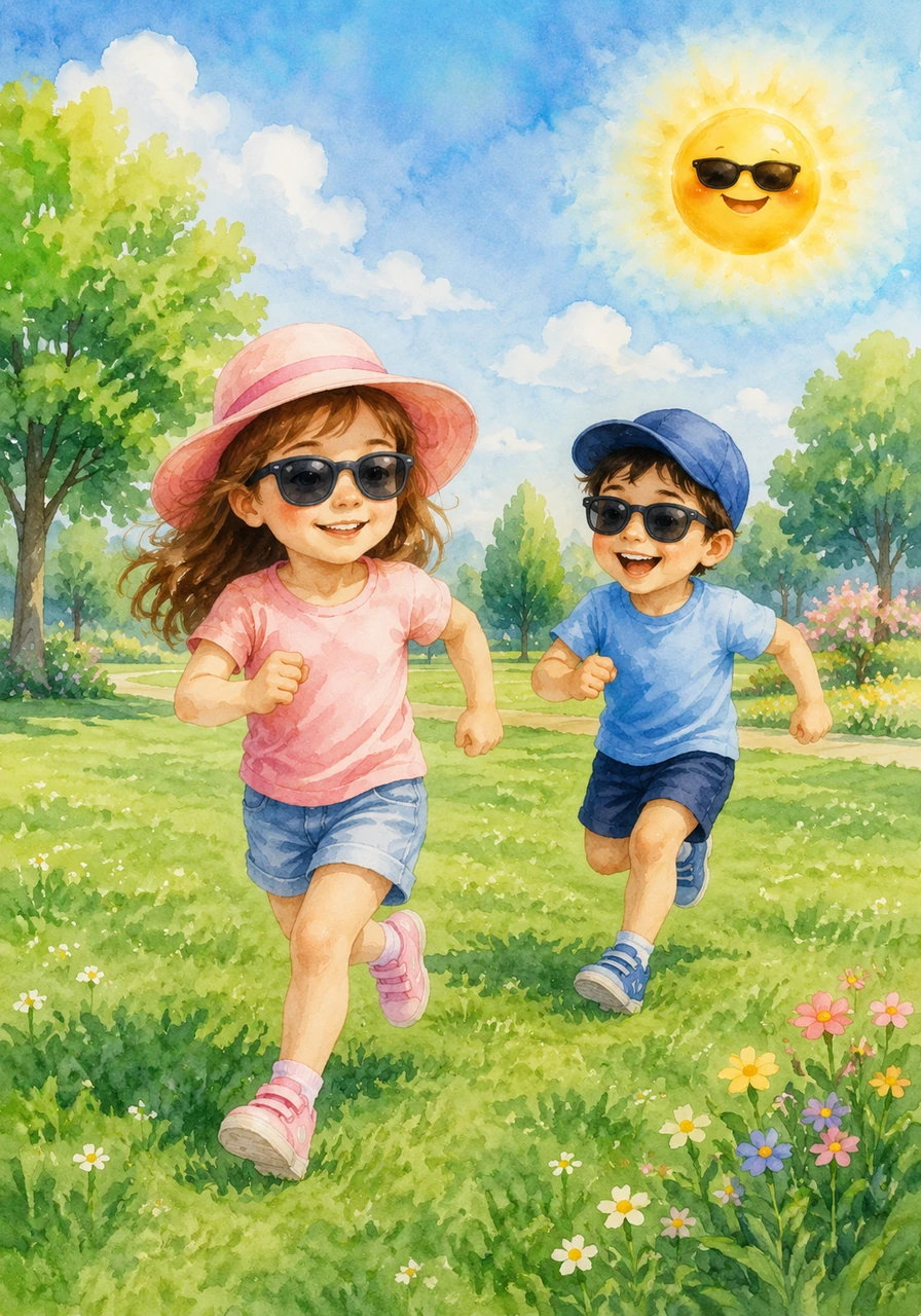 Mia and her friend Ben are playing in a beautiful green park under a bright blue sky. The grass is soft, and they are excited to run and play all morning.