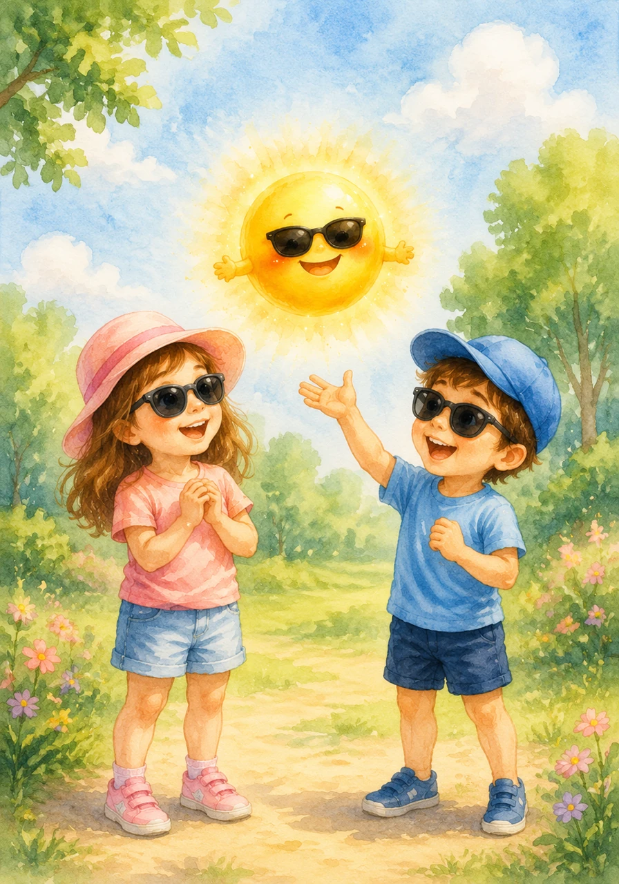A tiny, glowing sun character with a big smile and tiny sunglasses floats down to meet them. This is Sunny, and he wants to show the children how to have fun safely.