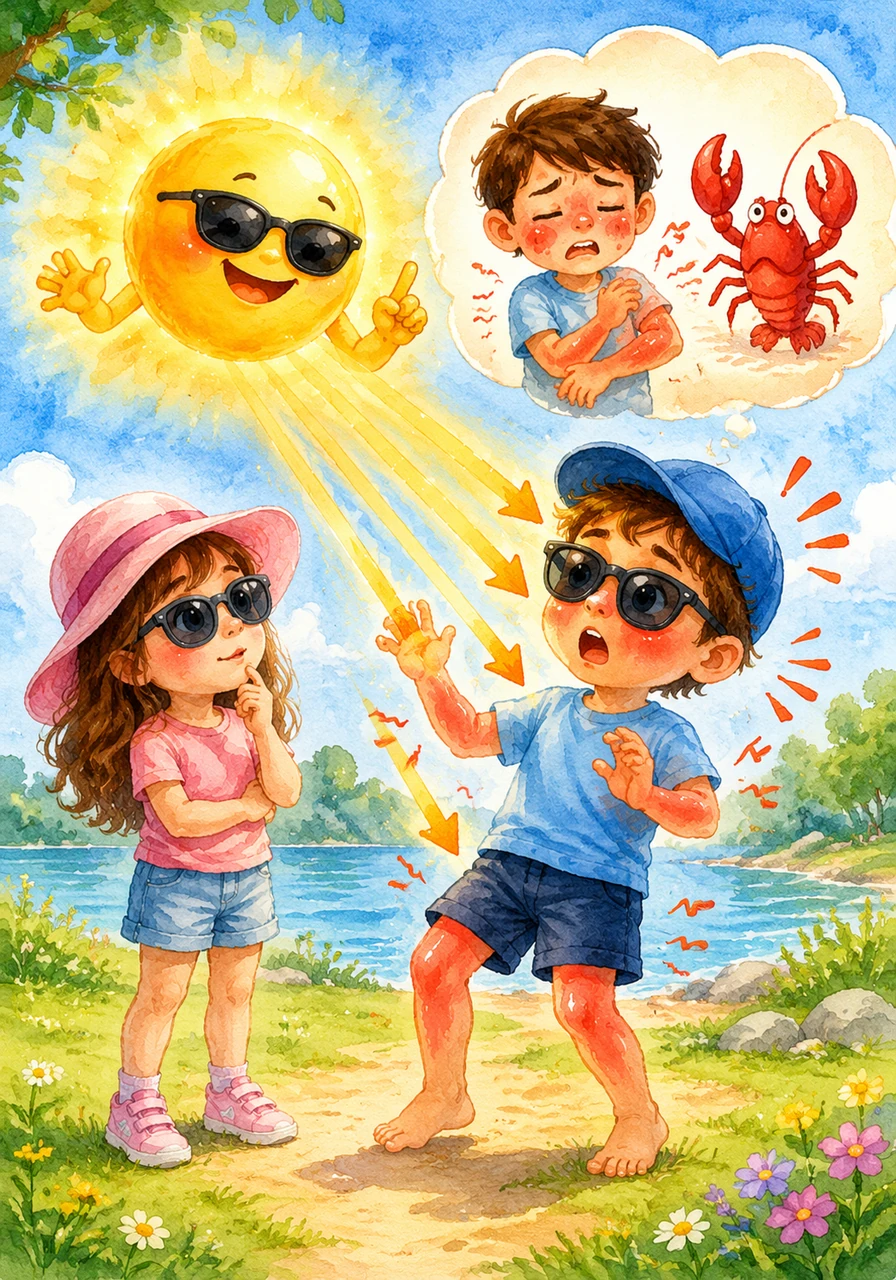 Sunny explains that while he loves to shine, his rays can be very strong for young skin. He shows them how too much sun can make skin red and itchy like a lobster.