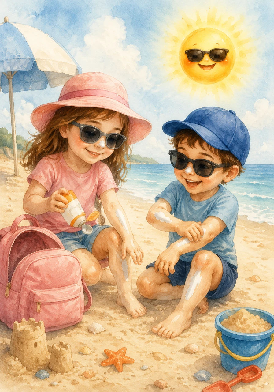 Mia reaches into her backpack and pulls out a bottle of sunscreen. She and Ben help each other rub the white cream onto their arms, legs, and noses to create a magic shield.