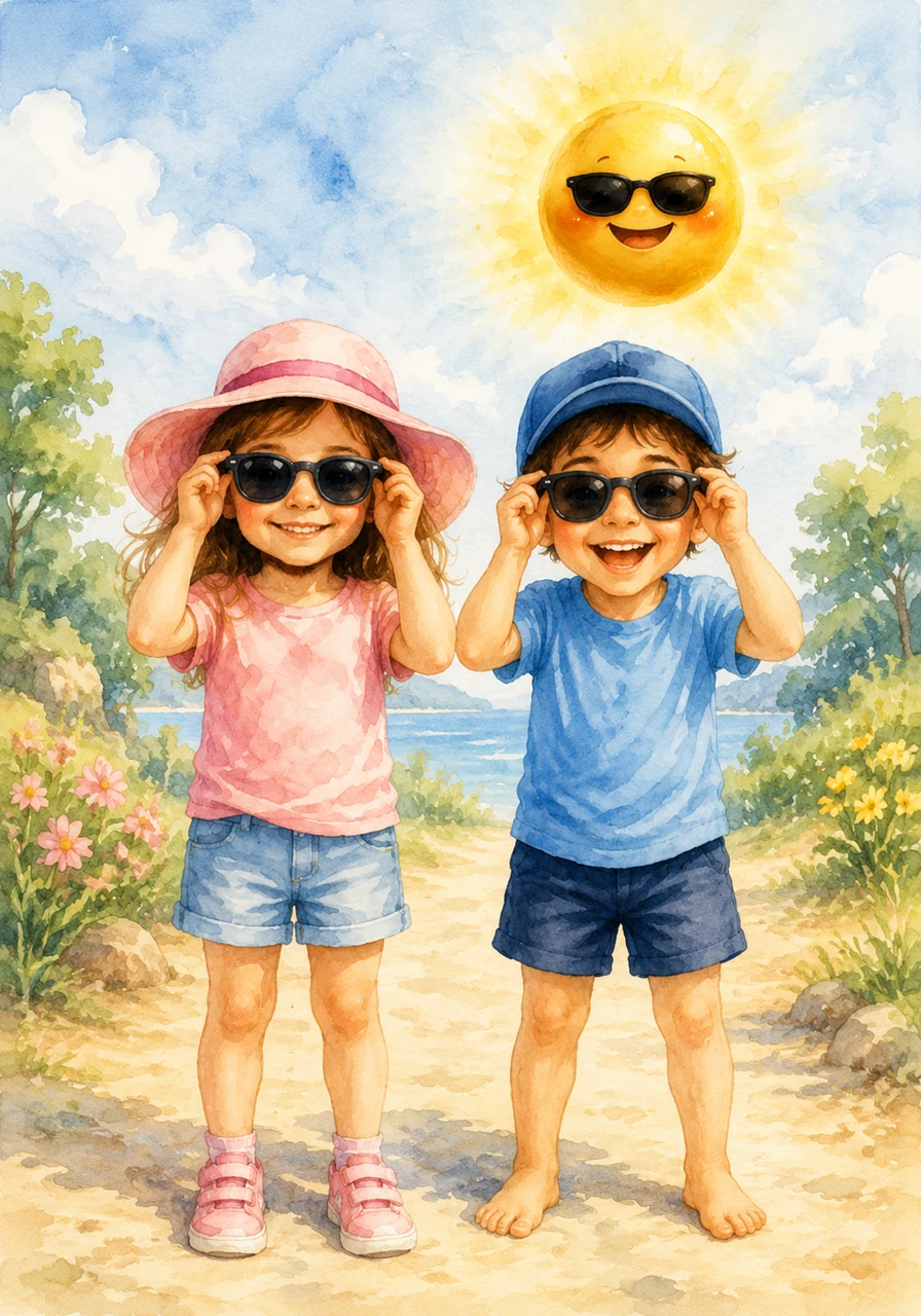 Next, Mia puts on her favorite pink sun hat, and Ben puts on his cool blue cap. They also slide on their dark sunglasses to protect their eyes from the bright light.