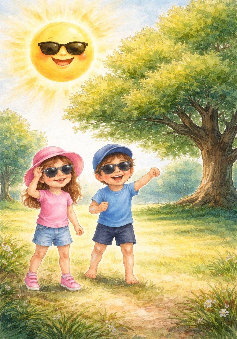 The clock strikes noon, and the sun is very high and hot in the sky. Sunny points towards a large, leafy oak tree that provides a big patch of cool, dark shade.